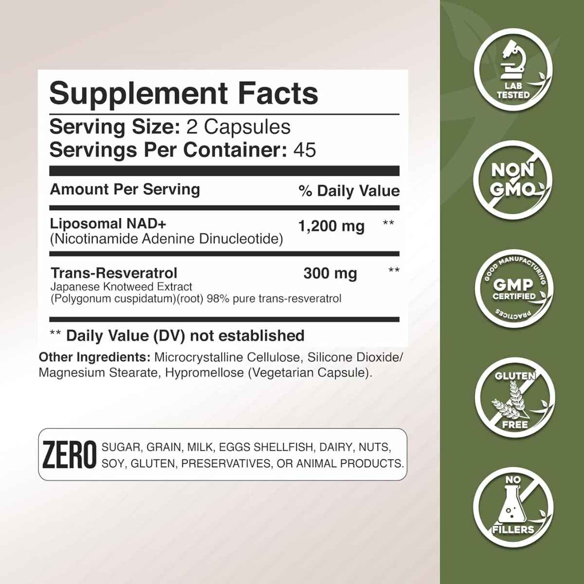 Tabla nutricional del suplemento Gade Nutrition Liposomal NAD+ y Trans-Resveratrol 1500 mg 90 cápsulas