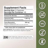 Tabla nutricional del suplemento Gade Nutrition Liposomal NAD+ y Trans-Resveratrol 1500 mg 90 cápsulas