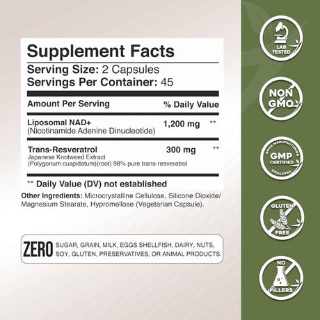 Tabla nutricional del suplemento Gade Nutrition Liposomal NAD+ y Trans-Resveratrol 1500 mg 90 cápsulas