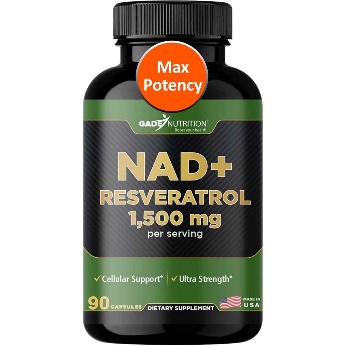 Frasco de suplemento Gade Nutrition Liposomal NAD+ y Trans-Resveratrol 1500 mg 90 cápsulas