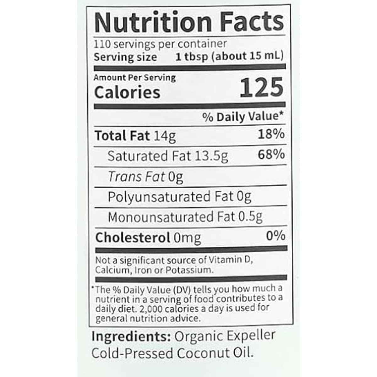 Tabla nutricional del suplemento Garden of Life Aceite de Coco Extra Virgen 1.6 l