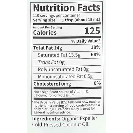 Tabla nutricional del suplemento Garden of Life Aceite de Coco Extra Virgen 1.6 l