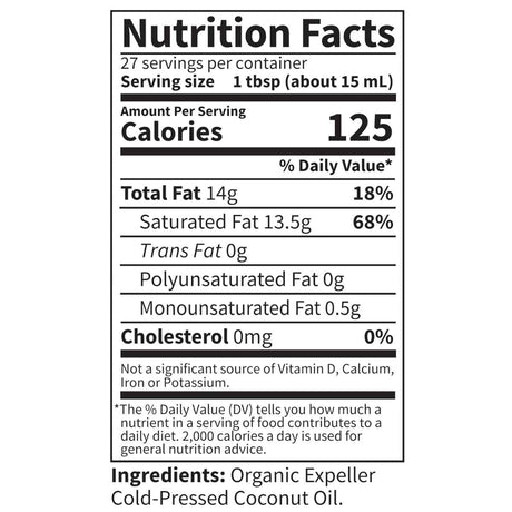 Tabla nutricional del suplemento Garden of Life Aceite de Coco Extra Virgen 414 ml