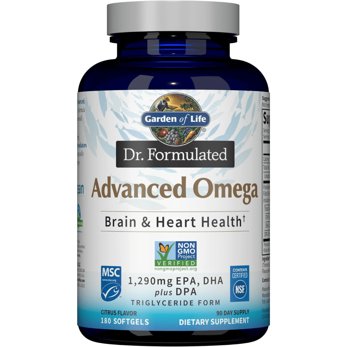 Frasco Garden of Life Dr. Formulated Advanced Omega, 180 cápsulas blandas.