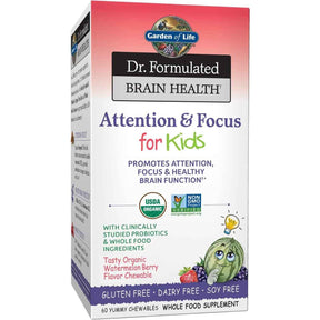 Frasco de suplemento Garden of Life Dr. Formulated Salud Cerebral Niños 60 tabletas masticables