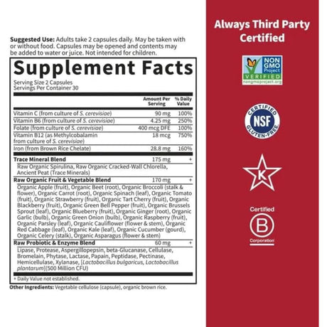 Tabla nutricional del suplemento Garden of Life Hierro Vitamin Code Healthy Blood 60 cápsulas