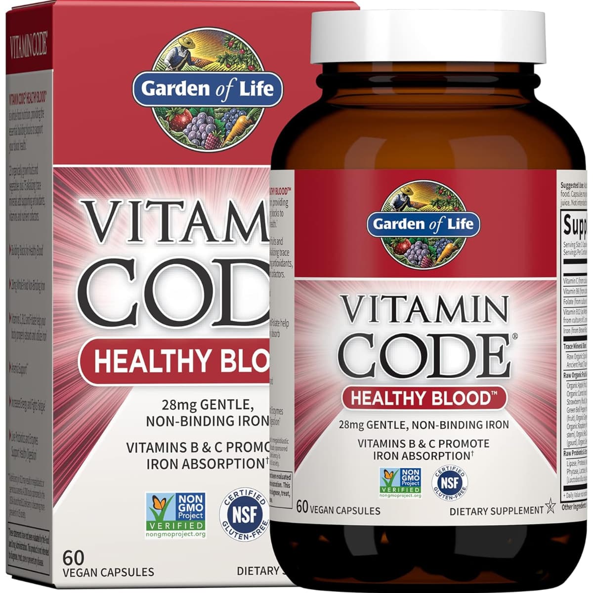 Frasco de suplemento Garden of Life Hierro Vitamin Code Healthy Blood 60 cápsulas