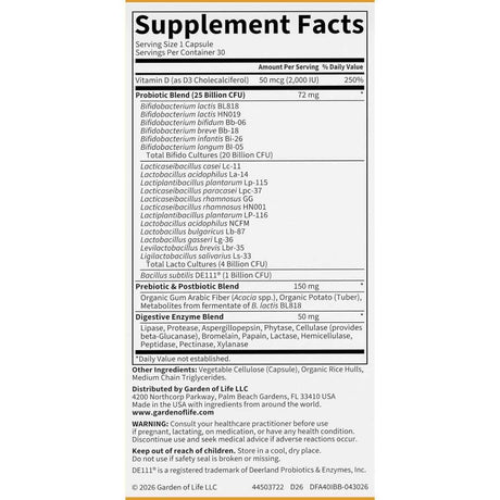 Tabla nutricional Garden of Life Immune Biotic 40+ con vitamina D3 y 25 mil millones de UFC