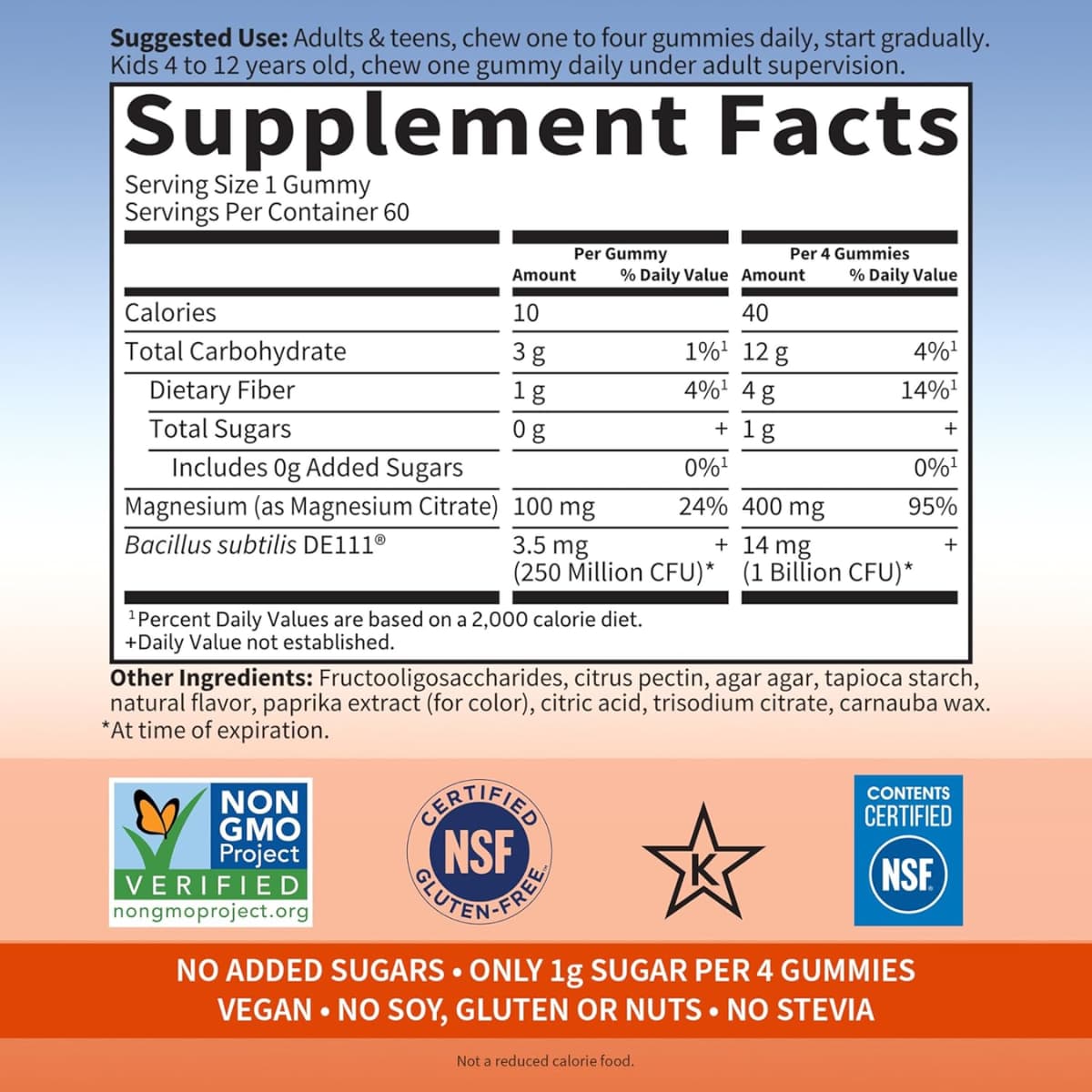 Tabla nutricional del suplemento Garden of Life Magnesio con Prebióticos y Probióticos sabor Crema de Naranja 60 Gomitas