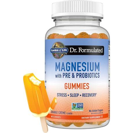 Frasco de suplemento Garden of Life Magnesio con Prebióticos y Probióticos sabor Crema de Naranja 60 Gomitas

