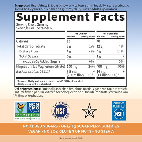 Tabla nutricional del suplemento Garden of Life Magnesio con Prebióticos y Probióticos sabor Durazno 60 Gomitas