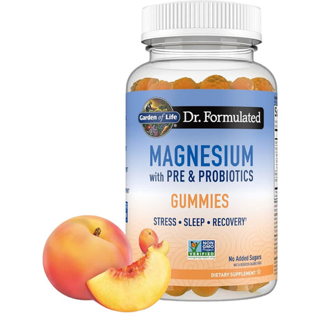Frasco de suplemento Garden of Life Magnesio con Prebióticos y Probióticos sabor Durazno 60 Gomitas