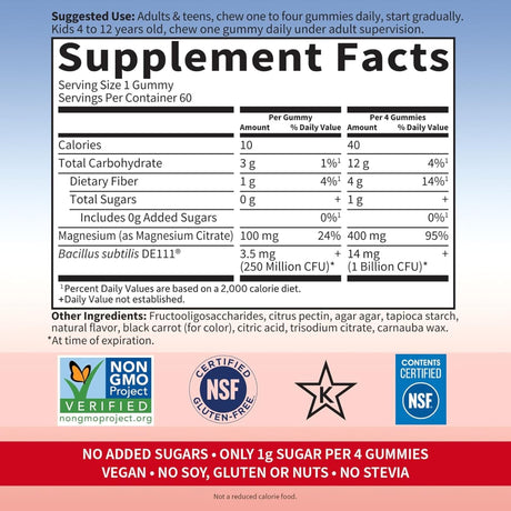 Tabla nutricional del suplemento Garden of Life Magnesio con Prebióticos y Probióticos sabor Frambuesa 60 Gomitas