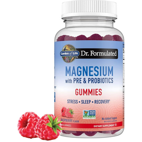 Frasco de suplemento Garden of Life Magnesio con Prebióticos y Probióticos sabor Frambuesa 60 Gomitas
