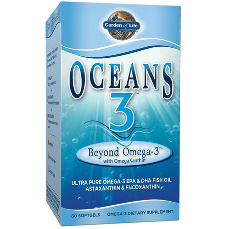 Frasco y caja de Garden of Life Oceans 3, presentación de 60 cápsulas blandas