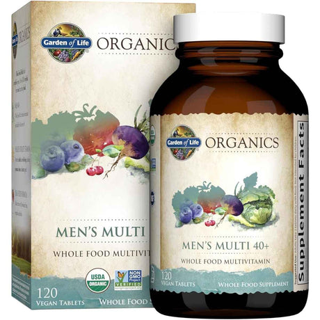 Frasco de suplemento Garden of Life Organics Multivitamínico Integral para Hombres 40+ 120 tabletas