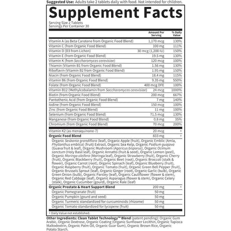 Tabla nutricional del suplemento Garden of Life Organics Multivitamínico Integral para Hombres 40+ 60 tabletas