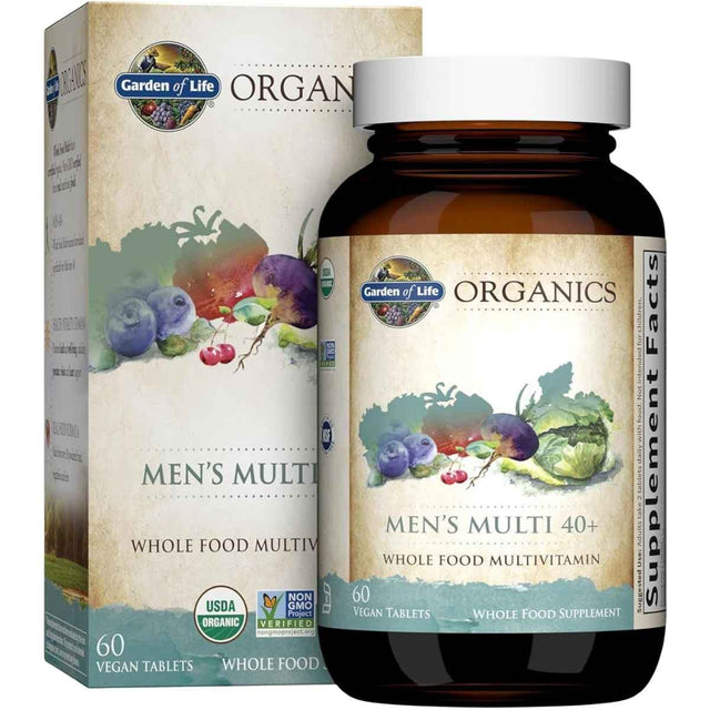 Frasco de suplemento Garden of Life Organics Multivitamínico Integral para Hombres 40+ 60 tabletas
