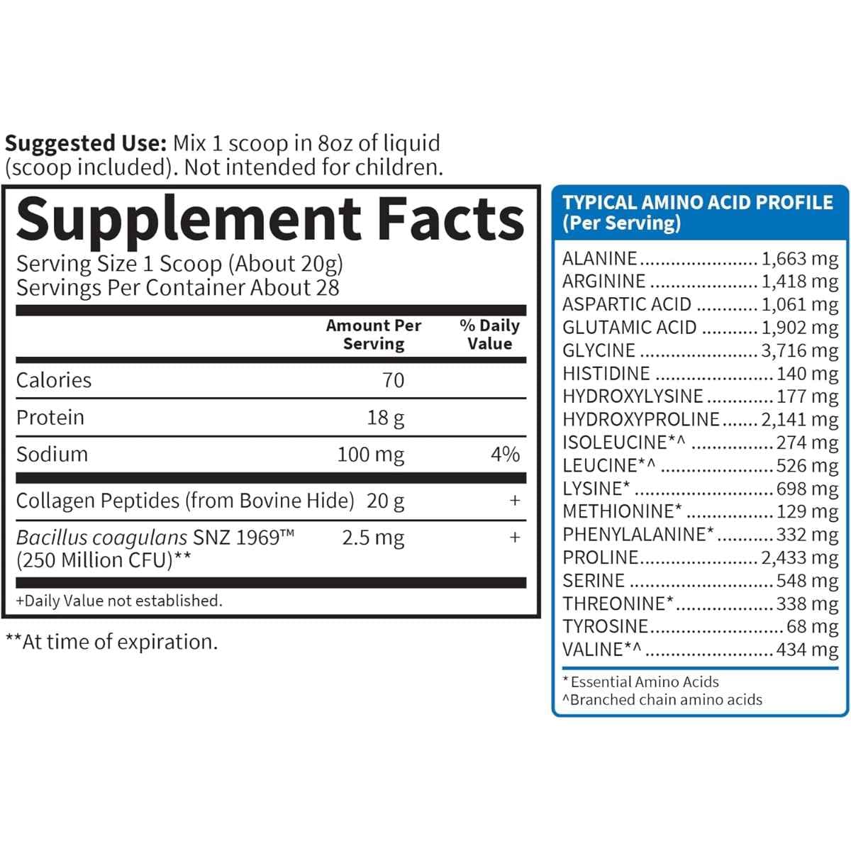 Tabla nutricional del suplemento Garden of Life Péptidos de Colágeno 1.23 lbs