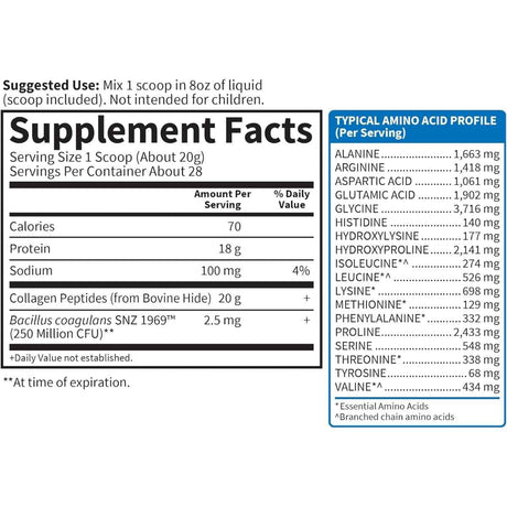 Tabla nutricional del suplemento Garden of Life Péptidos de Colágeno 1.23 lbs