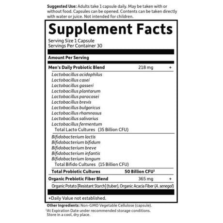 Tabla nutricional del suplemento Garden of Life Probióticos para Hombre 50 Billones 30 cápsulas