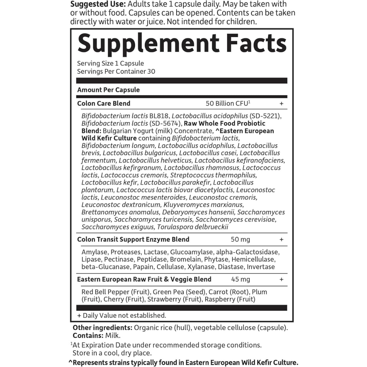 Tabla nutricional del suplemento Garden of Life Probióticos Raw Colon Care 30 cápsulas