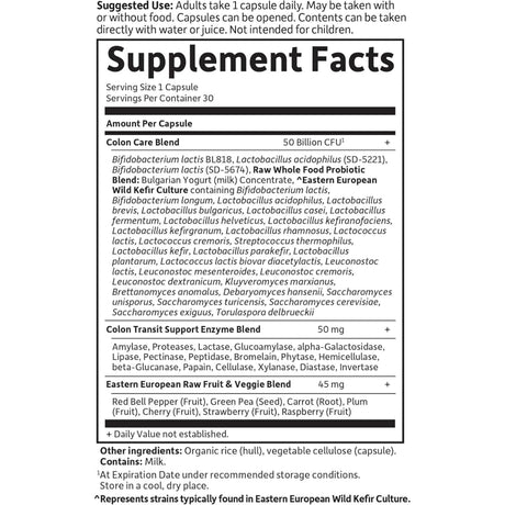 Tabla nutricional del suplemento Garden of Life Probióticos Raw Colon Care 30 cápsulas