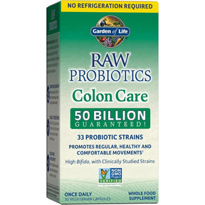 Frasco de suplemento Garden of Life Probióticos Raw Colon Care 30 cápsulas