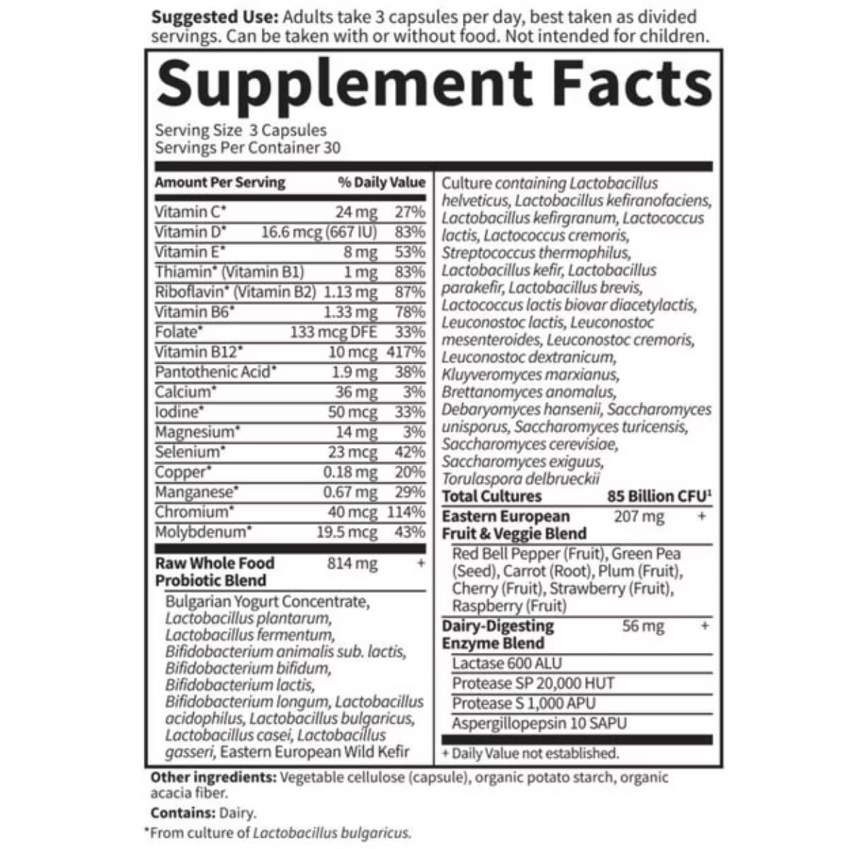 Tabla nutricional del suplemento Garden of Life Probióticos RAW para Hombres 50+ 85 Billones 90 cápsulas