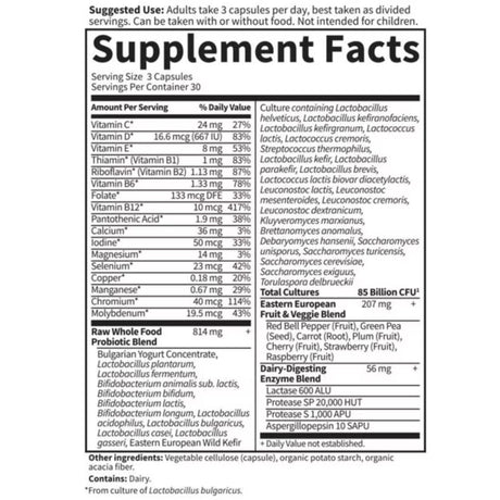 Tabla nutricional del suplemento Garden of Life Probióticos RAW para Hombres 50+ 85 Billones 90 cápsulas