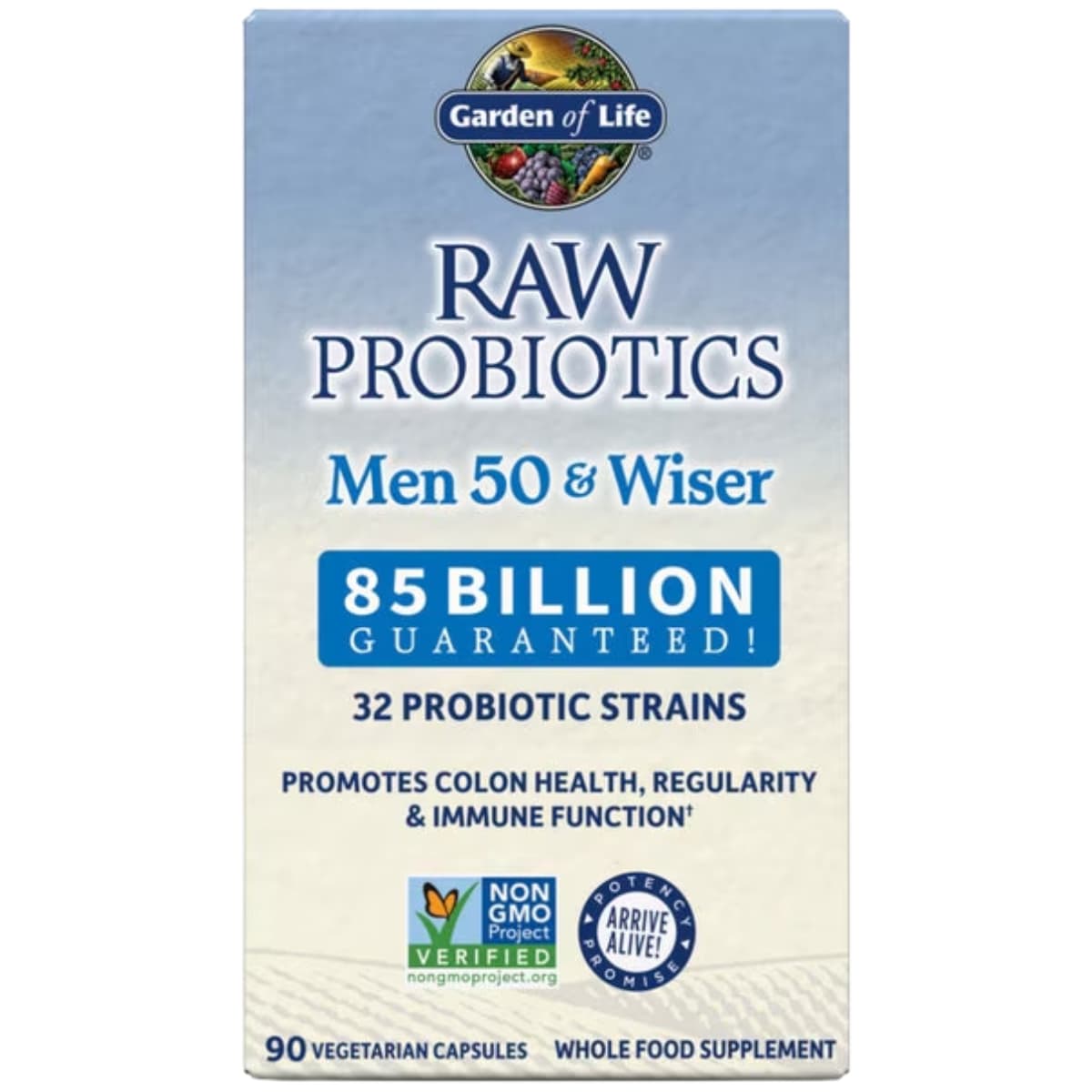 Frasco de suplemento Garden of Life Probióticos RAW para Hombres 50+ 85 Billones 90 cápsulas