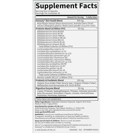 Tabla Supplement Facts Garden of Life Radiance Biotic 40+ - porción de 2 cápsulas