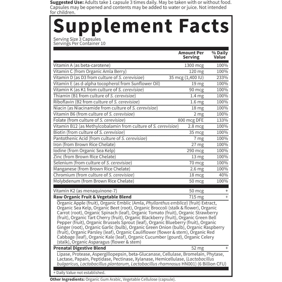 Tabla nutricional del suplemento Garden of Life Vitamin Code Raw Prenatal 30 cápsulas vegetales
