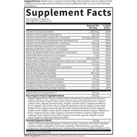 Tabla nutricional del suplemento Garden of Life Vitamin Code Raw Prenatal 30 cápsulas vegetales