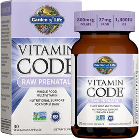 Frasco de suplemento Garden of Life Vitamin Code Raw Prenatal 30 cápsulas vegetales