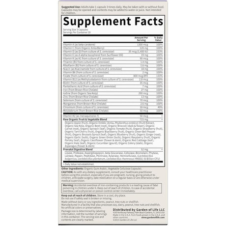 Tabla nutricional del suplemento Garden of Life Vitamin Code Raw Prenatal 90 cápsulas vegetales