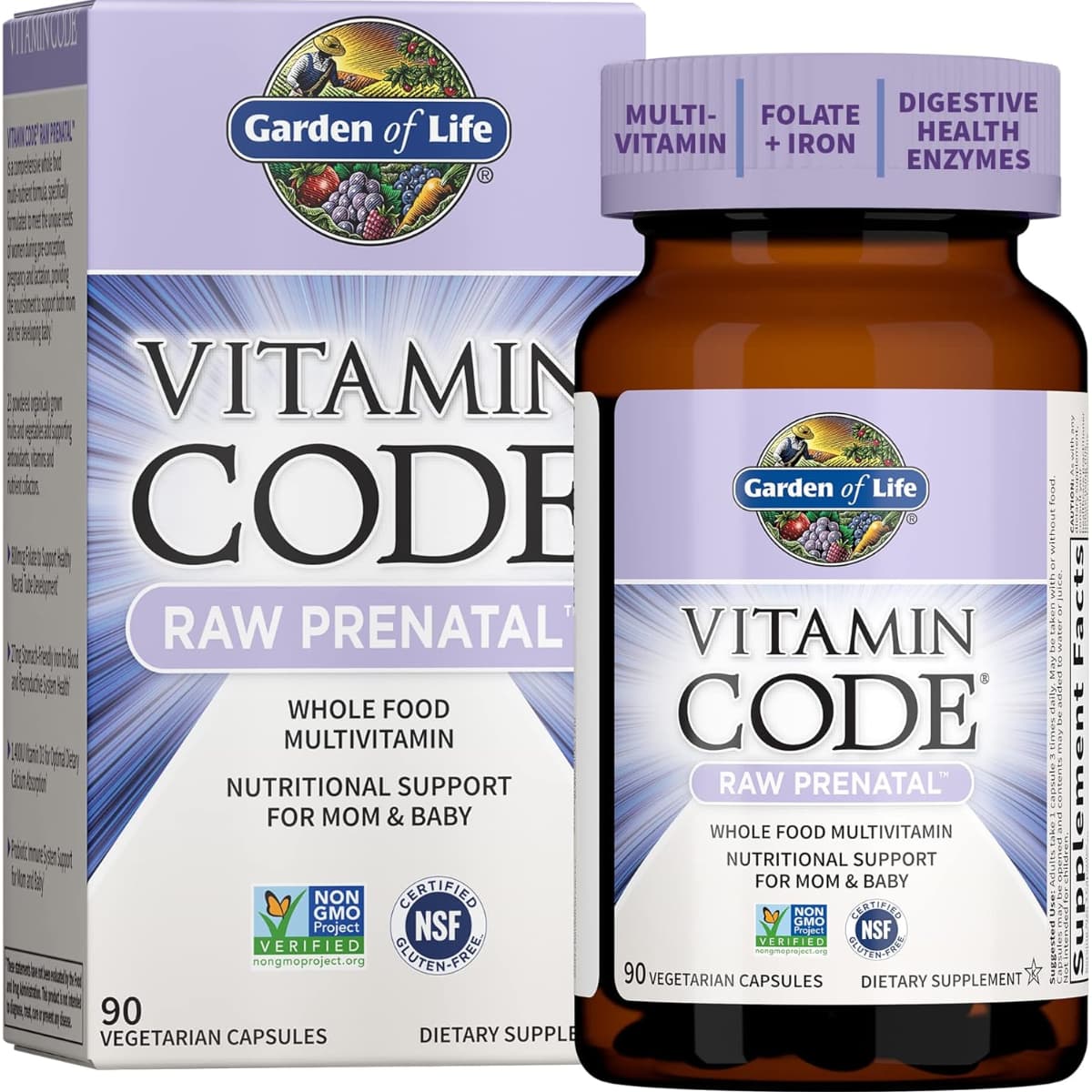 Frasco de suplemento Garden of Life Vitamin Code Raw Prenatal 90 cápsulas vegetales