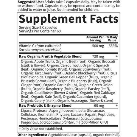 Tabla nutricional del suplemento Garden of Life Vitamina C 500mg 120 cápsulas veganas