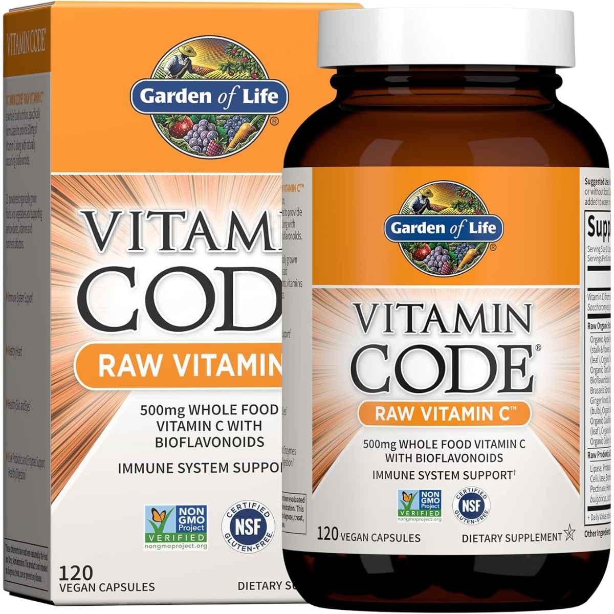 Frasco de suplemento Garden of Life Vitamina C 500mg 120 cápsulas veganas