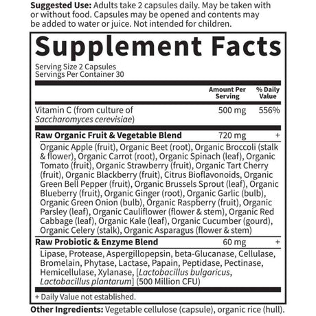 Tabla nutricional del suplemento Garden of Life Vitamina C 500mg 60 cápsulas veganas