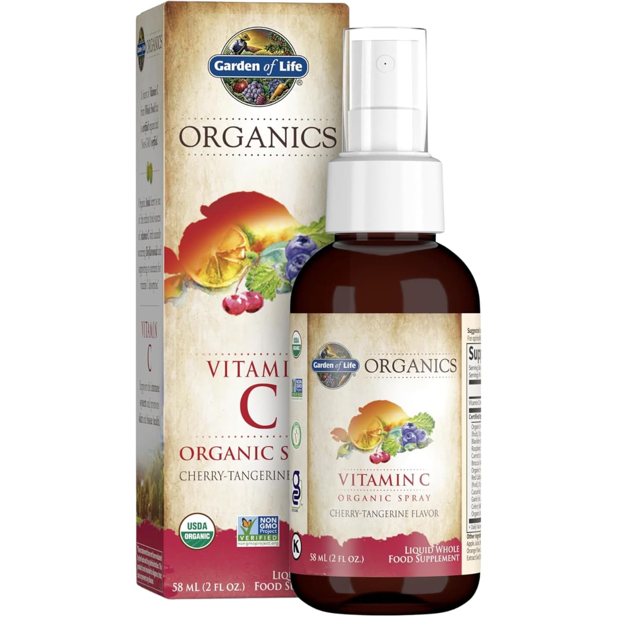 Frasco de suplemento Garden of Life Vitamina C Orgánica Cereza-Mandarina 58 ml