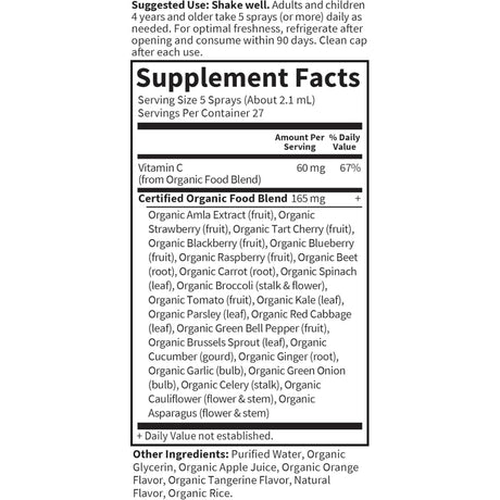 Tabla nutricional del suplemento Garden of Life Vitamina C Orgánica Naranja-Mandarina 58 ml