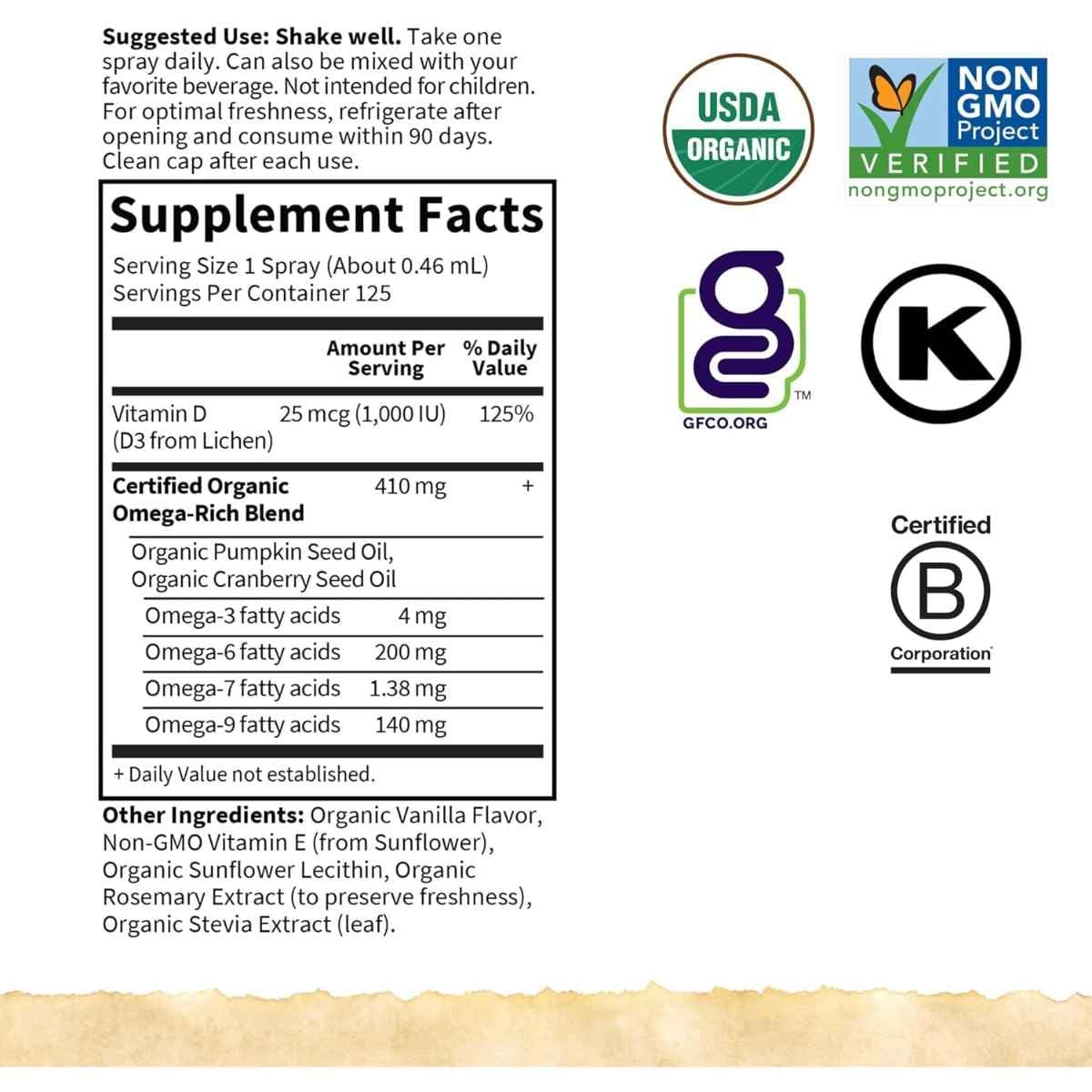 Tabla nutricional del suplemento Garden of Life Vitamina D3 Vainilla 58 ml