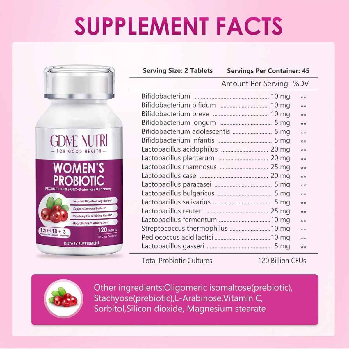 Tabla de información del suplemento Gdme Nutri Probiótico para Mujer