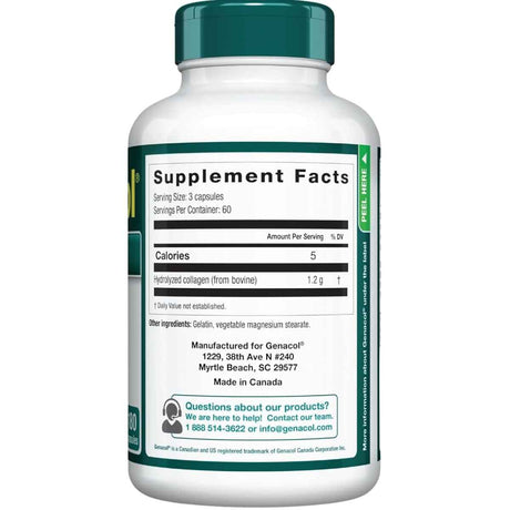 Tabla nutricional del suplemento Genacol Colágeno AminoLock 180 cápsulas