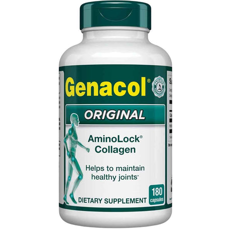 Frasco de suplemento Genacol Colágeno AminoLock 180 cápsulas