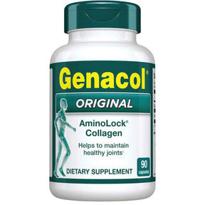 Frasco de suplemento Genacol Colágeno AminoLock 90 cápsulas