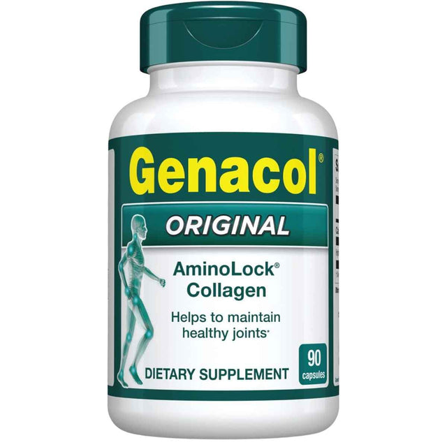 Frasco de suplemento Genacol Colágeno AminoLock 90 cápsulas