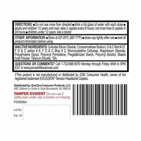 GenCare acetaminofen 500 mg + cafeina 65 mg - 200 Comprimidos - 
- Tabla Nutricional - Haz Tu Pedido
