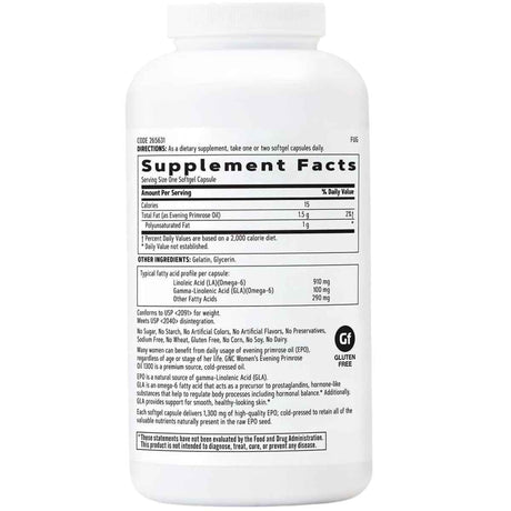 Tabla nutricional del suplemento GNC Aceite de Onagra 1300 mg 180 Cápsulas Blandas